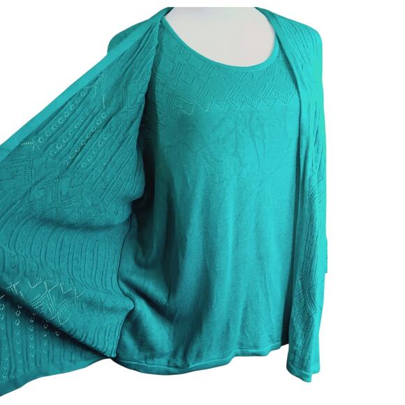 ALFRED DUNNER Sweater Cardigan Cami XL Attached Twinset Turquoise Teal Knitted - Picture 3 of 11